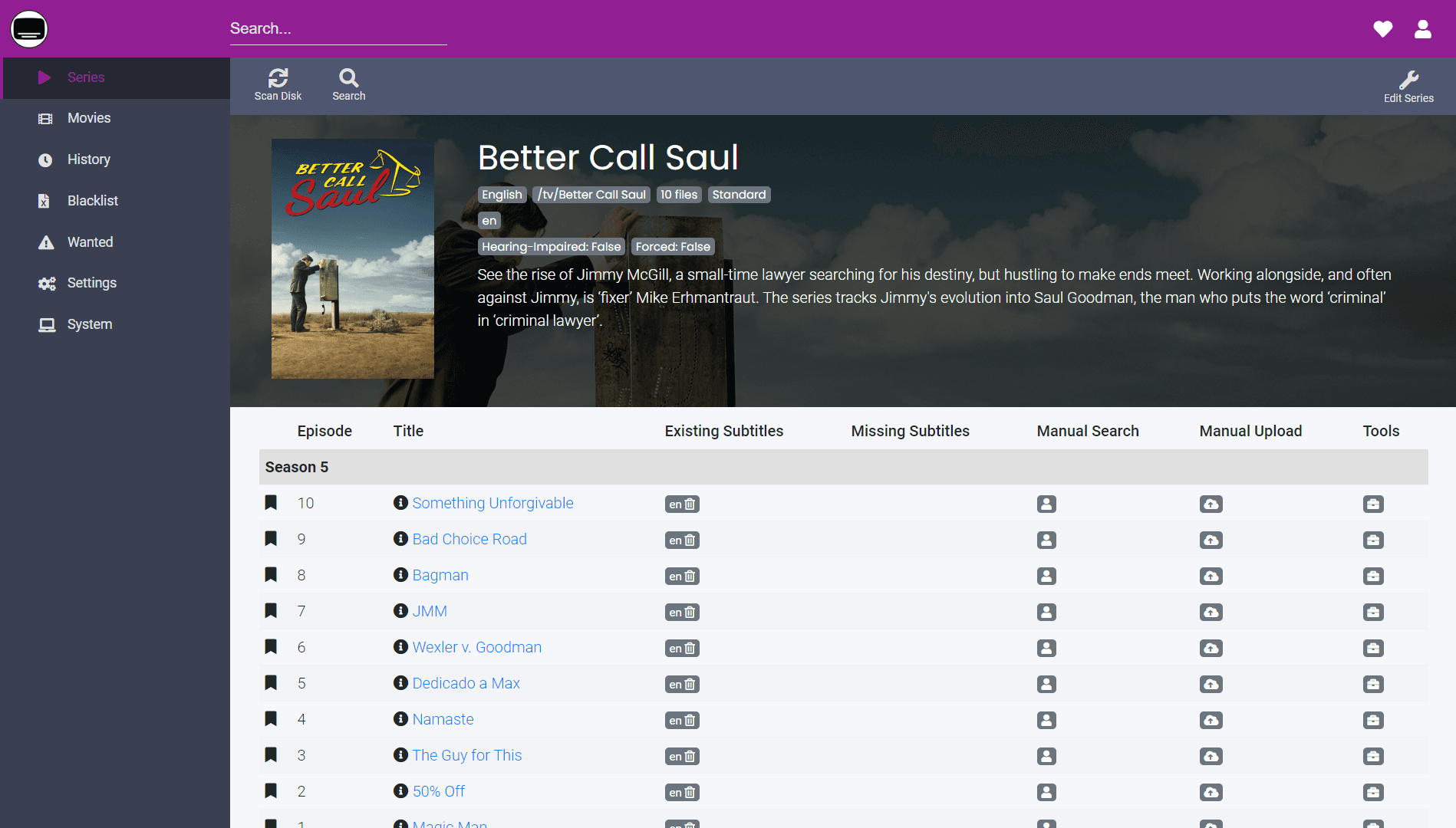 Bazarr dashboard listing movies and episodes with subtitle provider integration.
