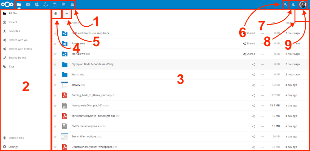 Nextcloud Files app overview showing folders and the classic web layout.