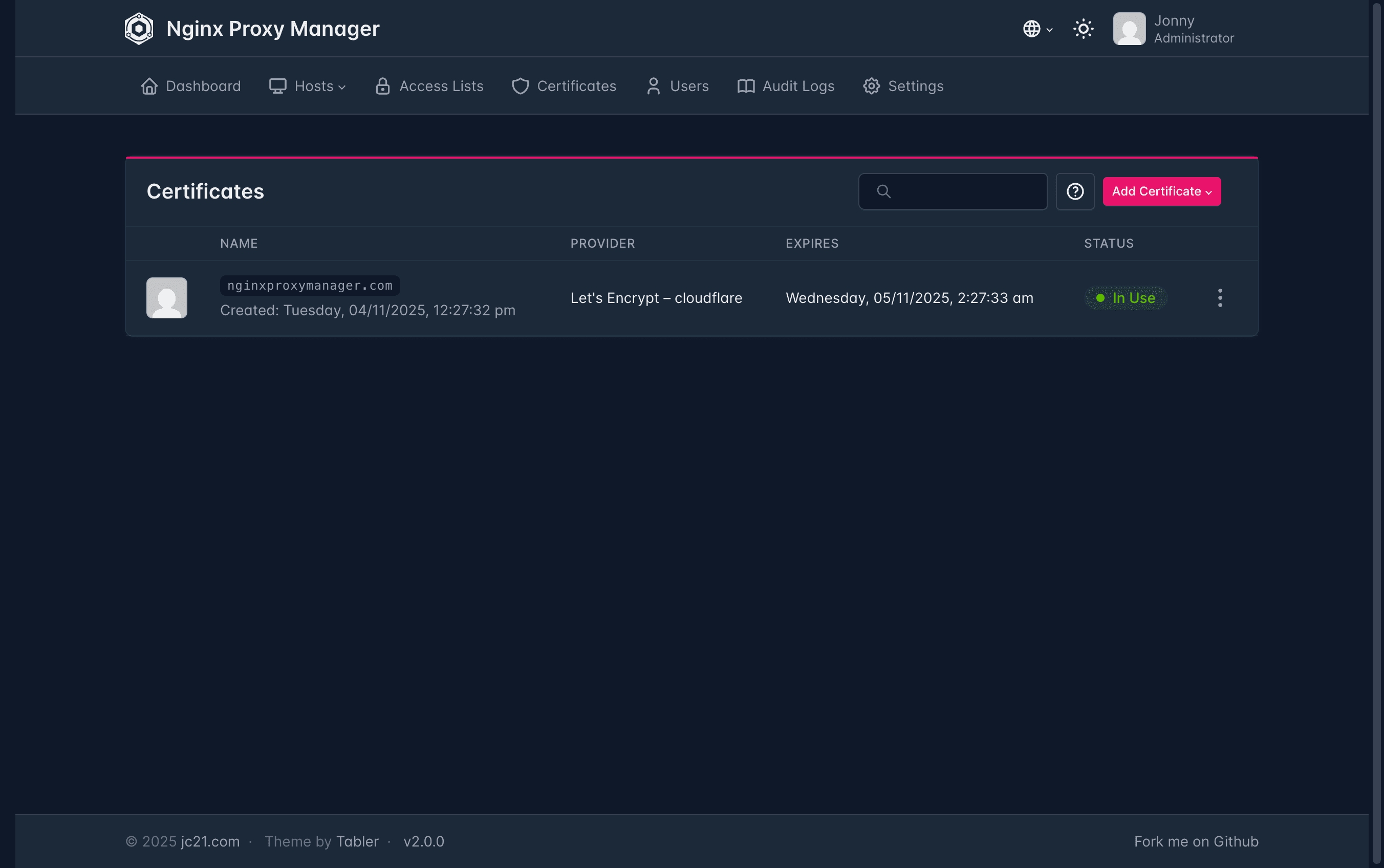 Nginx Proxy Manager certificates screen showing SSL options including Let's Encrypt requests.
