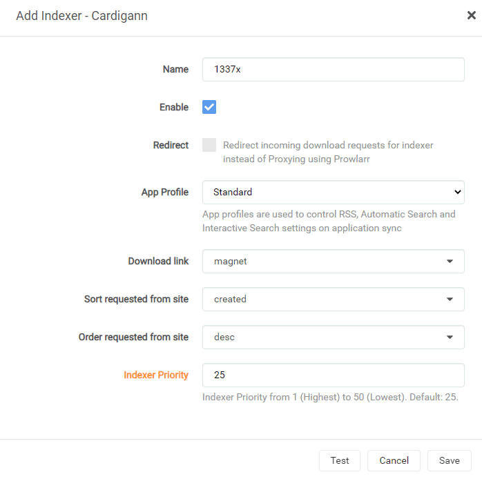 Prowlarr indexer configuration dialog demonstrating sync settings toward Radarr or Sonarr.