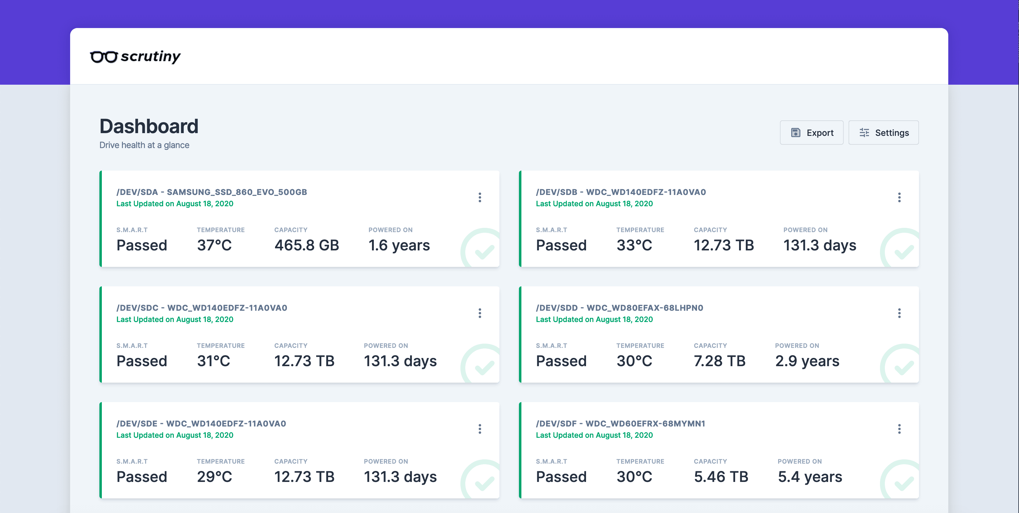 Scrutiny dashboard summarizing SMART health for multiple disks.