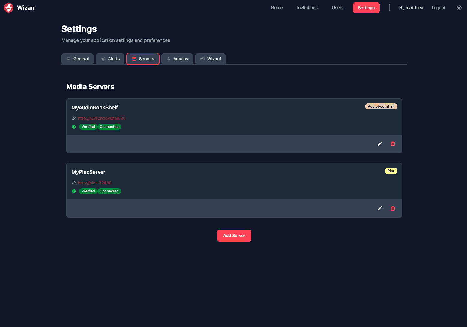 Wizarr administrative UI for editing connected media servers such as Jellyfin.